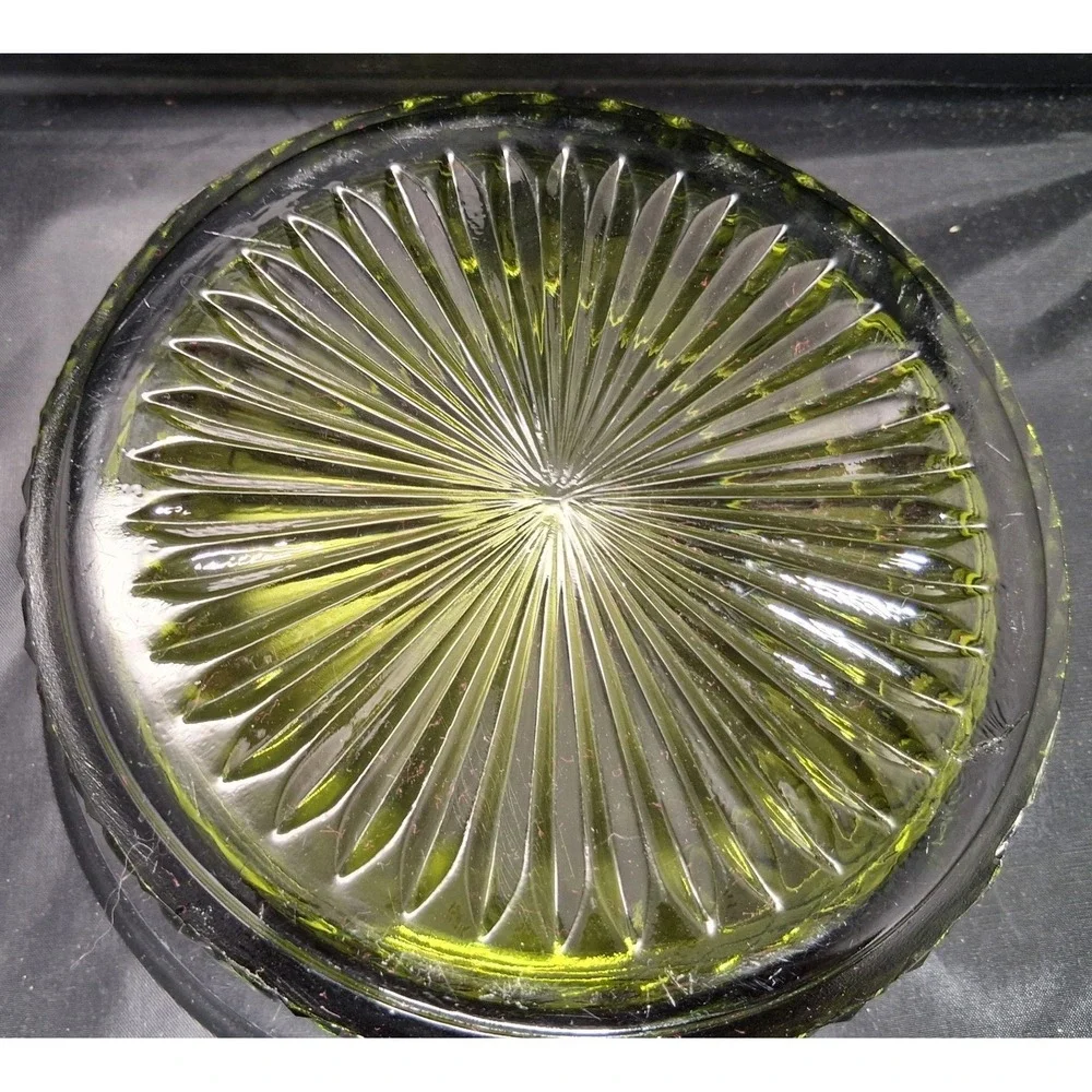 Vintage Olive Green Pressed Glass Candy Dish Lid Diamond Point Thumbprint Jar